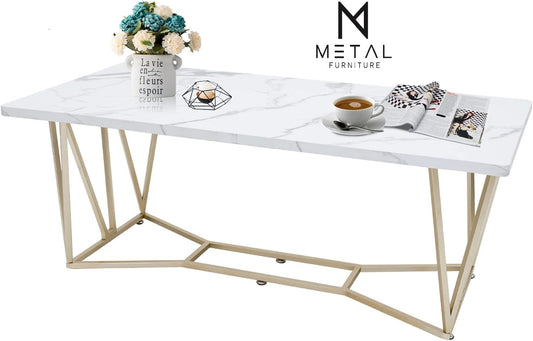 Square Center Table Gold Paint Finish Marble Texture Top