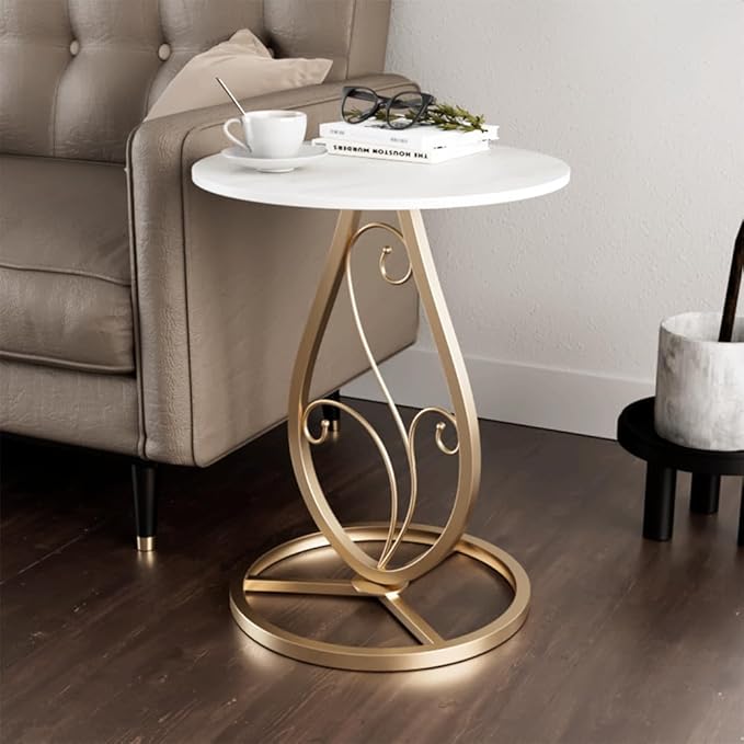 Elegance Side Table – Round White Top with Artistic Black Curved Metal Base. Perfect for Living Rooms, Bedrooms, or Lounges.