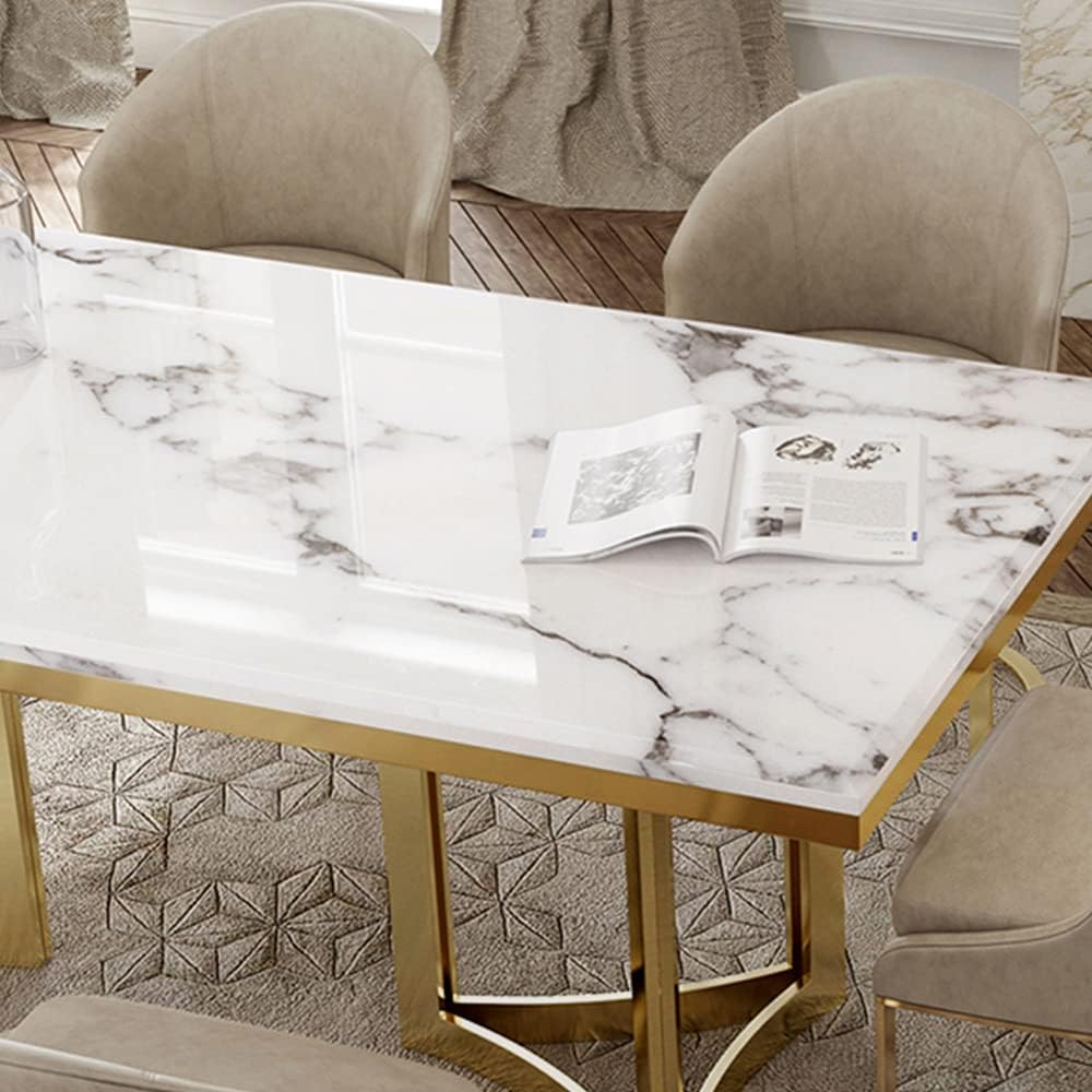 Dining Table for 6 person , for Kitchen & Dining Room, Luxury White Marble texture sheet Table Top with Gold metal frame(Dining Table Only)