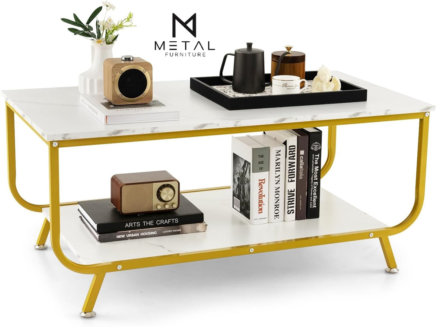 Marble Texture Center Table Modern Center Table 2-Tier Living Room Table