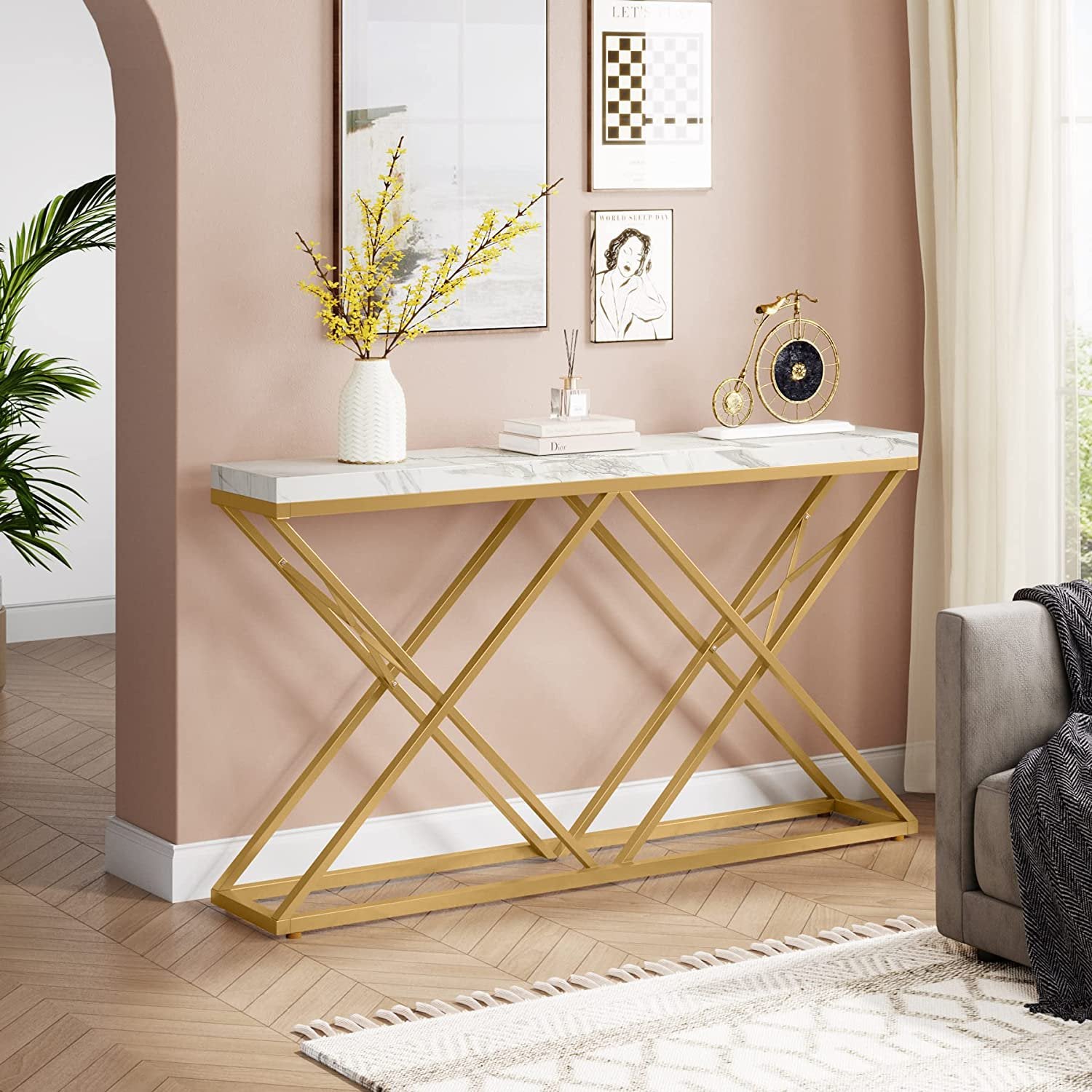 X Model Console Table with Marble Top – Metal Furniture