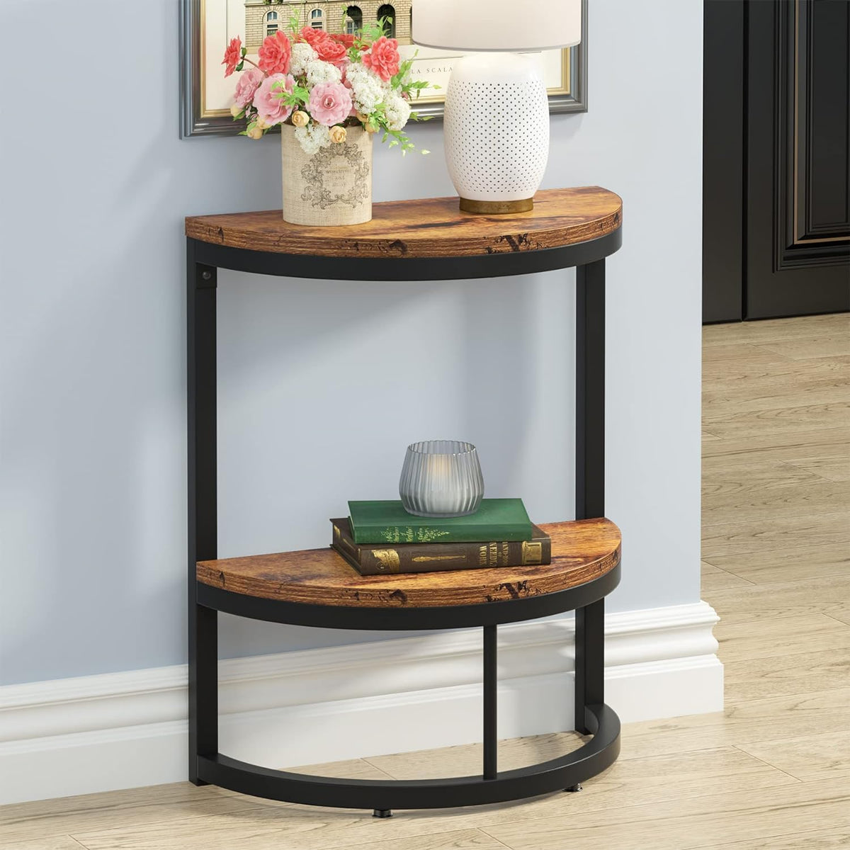 2-Tier End Table Semi Circle, Small Half Round Side Table With Storage Shelf, Space Saving Narrow Accent Sofa Couch Table For Living Room, Bedroom (Gold White) - Metal Furniture