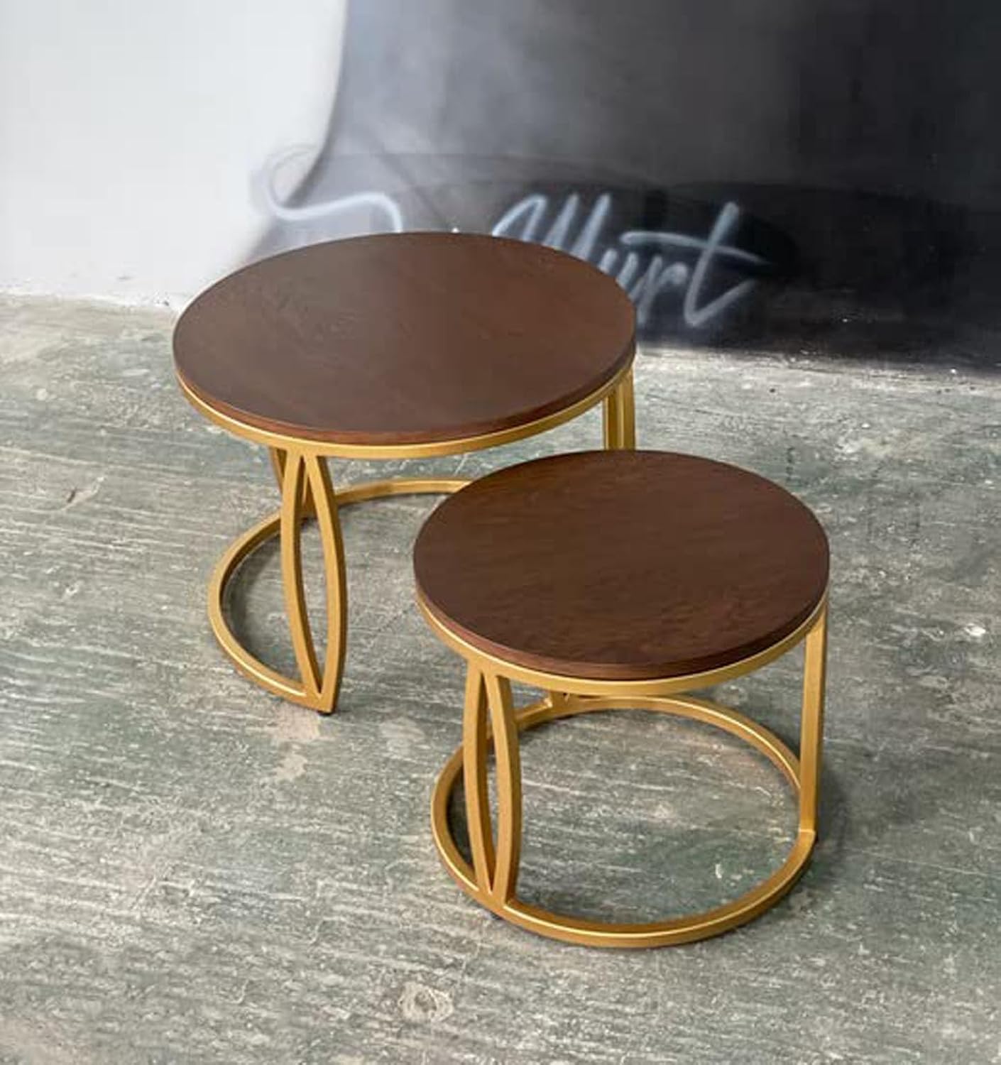 Round Wooden Center Table with Gold Legs
