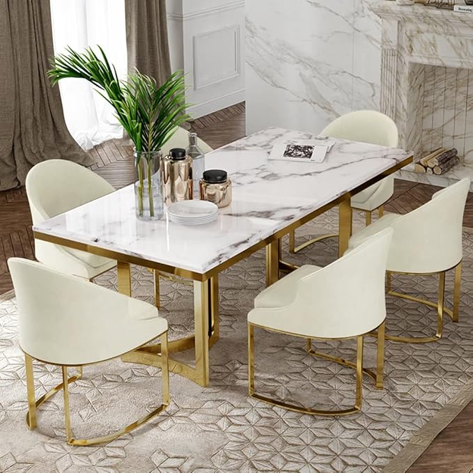 Dining Table for 6 person , for Kitchen & Dining Room, Luxury White Marble texture sheet Table Top with Gold metal frame(Dining Table Only)
