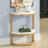 2-Tier End Table Semi Circle, Small Half Round Side Table With Storage Shelf, Space Saving Narrow Accent Sofa Couch Table For Living Room, Bedroom (Gold White)