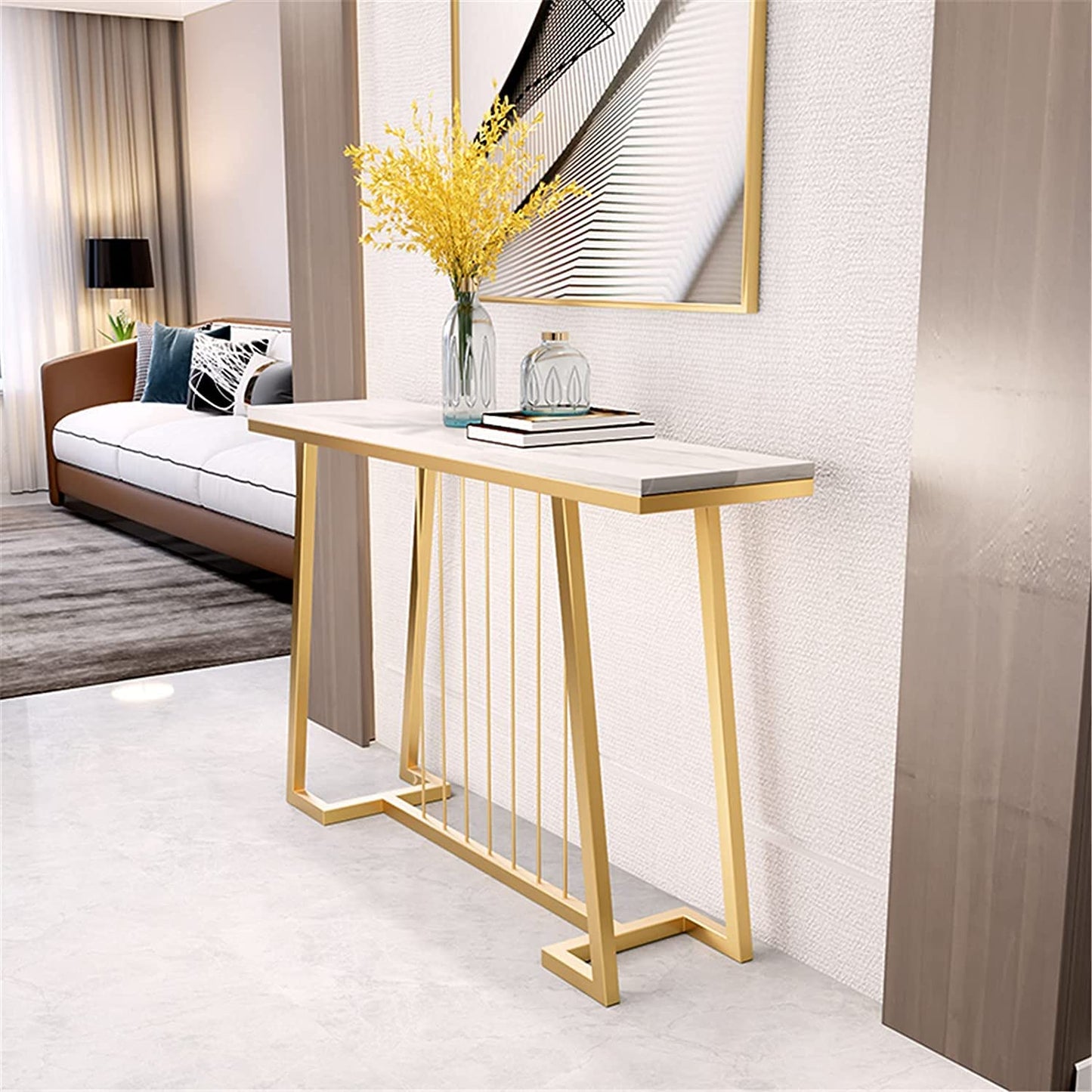 Center Rods Based Console Table White Marble Texture Living Room Table