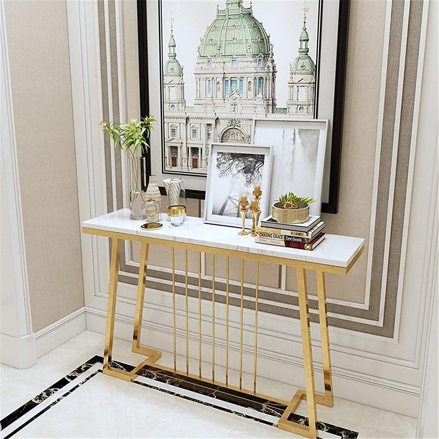 Center Rods Based Console Table White Marble Texture Living Room Table