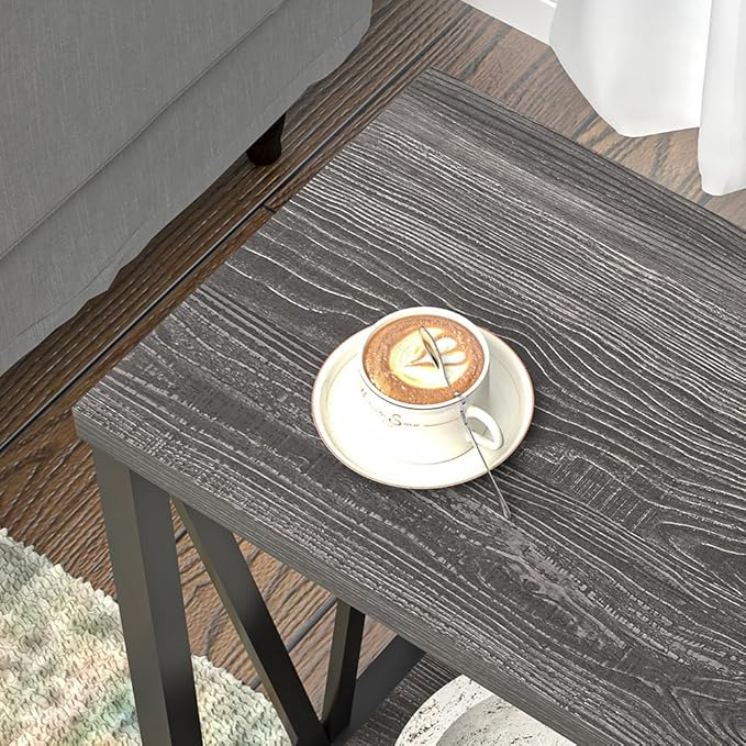 "Modern Edge V-Frame Narrow Side Table with Dark Wood Finish – Compact End Table with Geometric Metal Design and 2-Tier Open Storage – Perfect for Living Room, Bedroom, or Entryway Décor – Sleek,