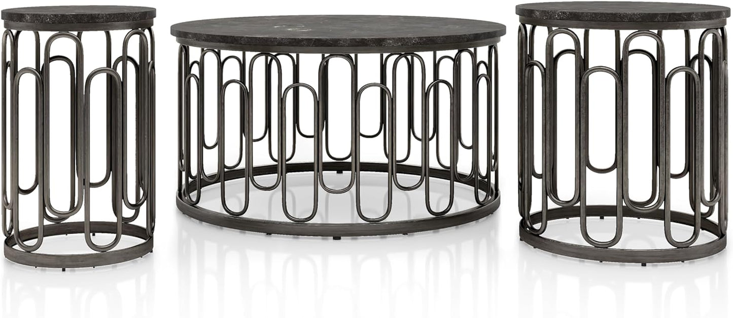 Modern Round Center Table with Coffee Tables – Wooden Marble Texture Top, Metal Legs, Living Room Decorative Metal Base Furniture (Set of 3)