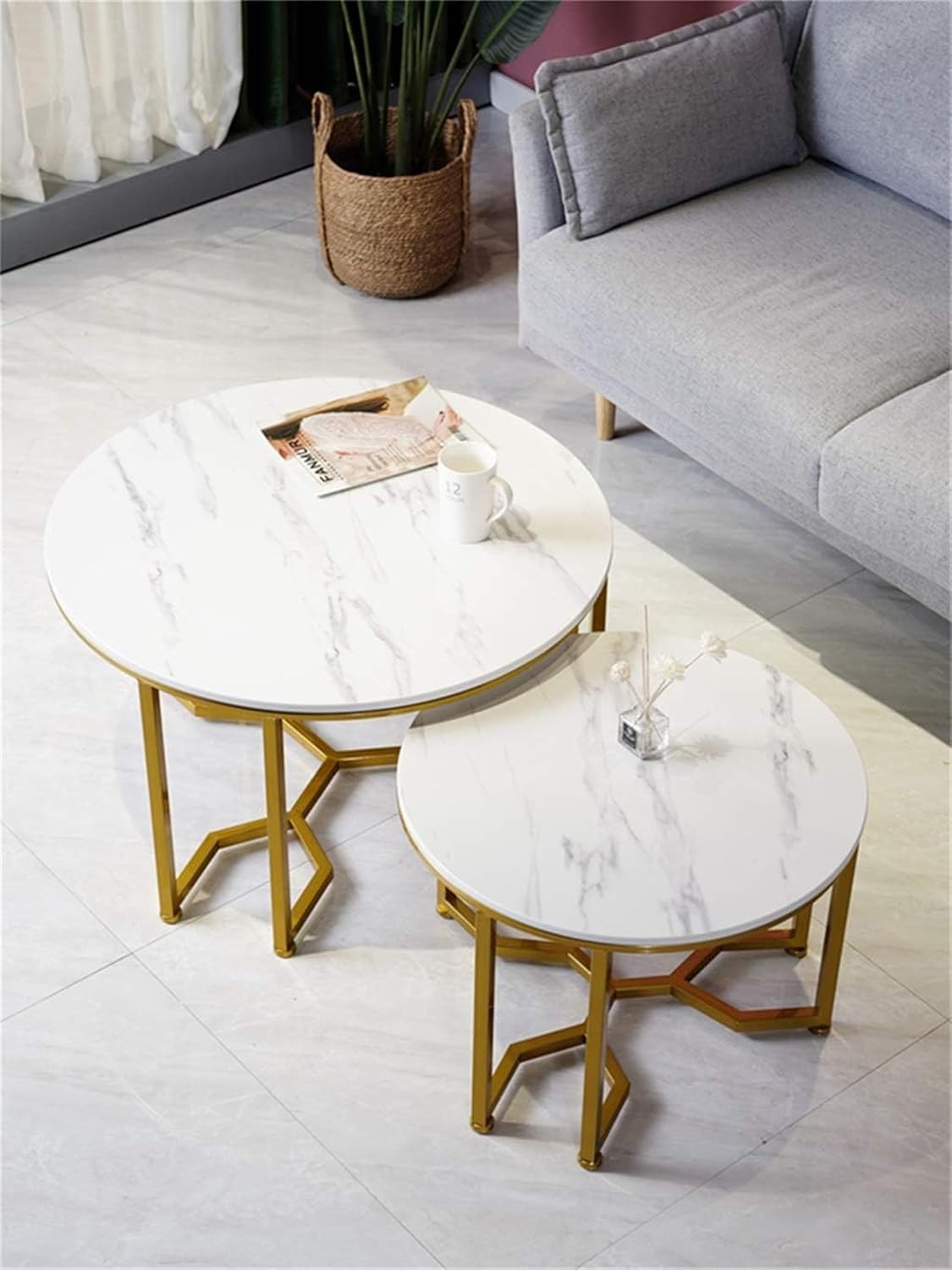 2-Piece White Marble Center Table Set