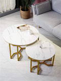 2-Piece Living Room Center Table with White Wooden Marble Texture Sheet Top Metal Base