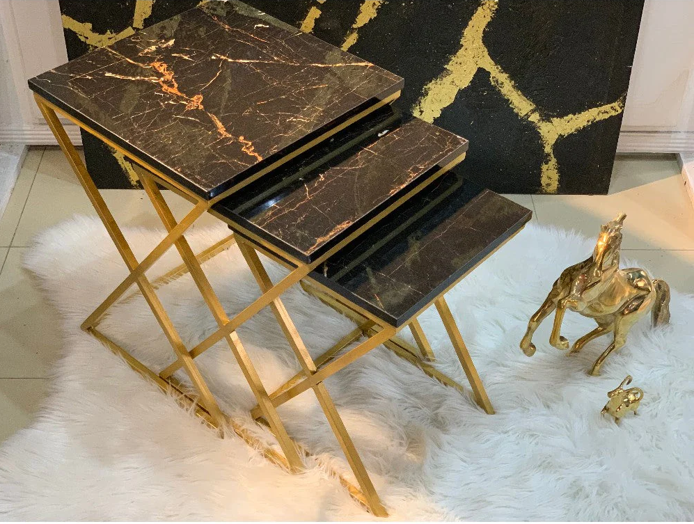 3pc Nesting Tables Set Square Shape Gold Paint Finish X Model Set