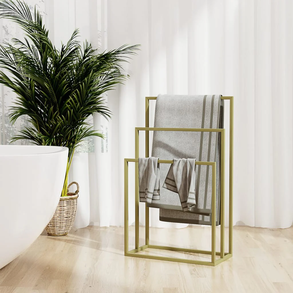 Metal Furniture cloth stand towel rack for laundry organization with multiple bars for hanging towels and clothes.