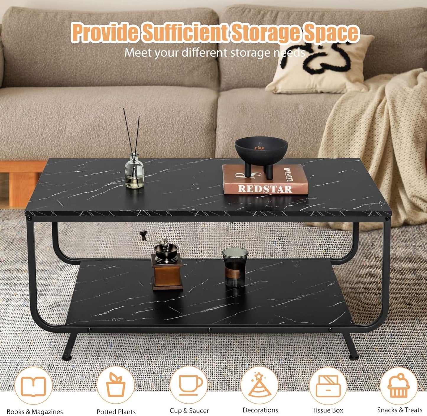 Marble Texture Center Table Modern Center Table 2-Tier Living Room Table