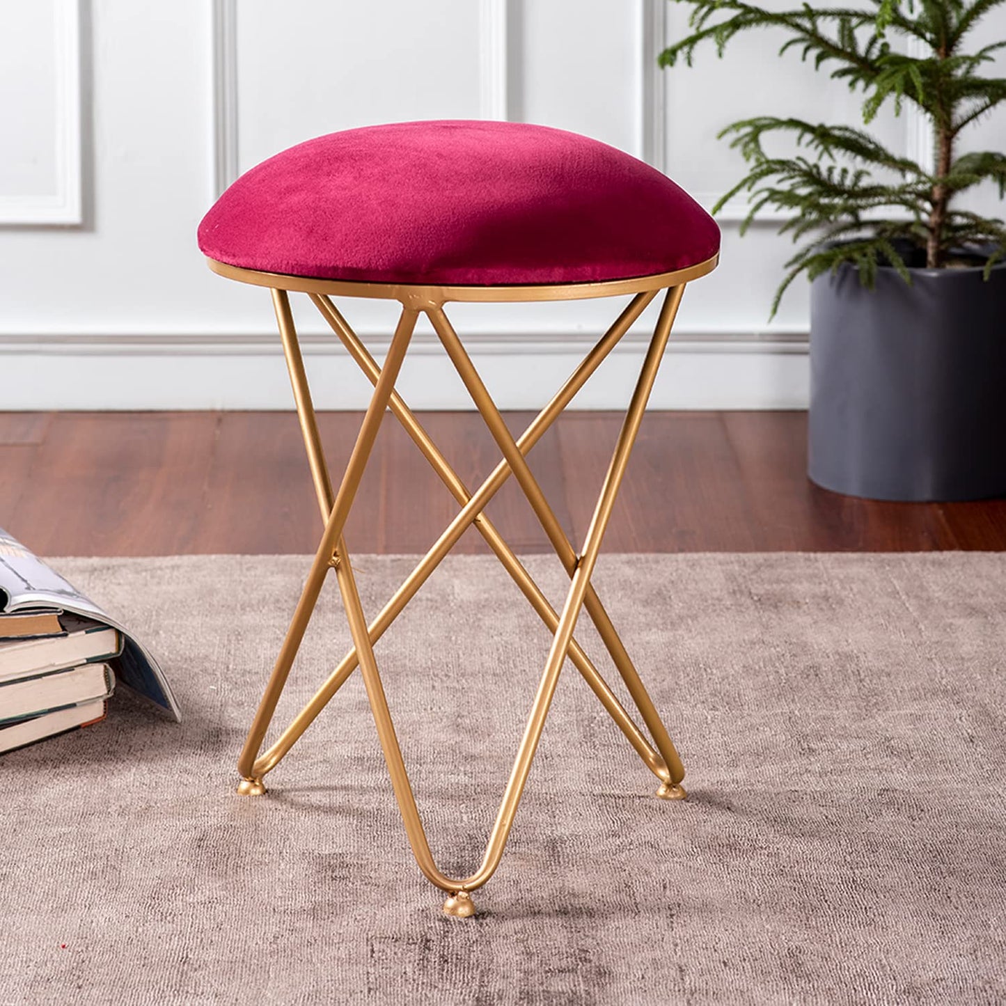 Cross Leg Ottoman Stool Velvet Top For Living Room