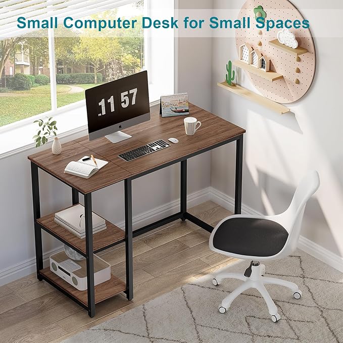 Metal Furniture office desk with rich walnut-finish tabletop, sturdy black metal frame, and built-in lower shelf for storage.