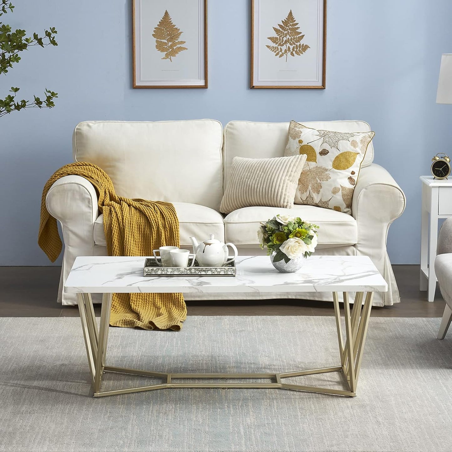 Square Center Table Gold Paint Finish Marble Texture Top