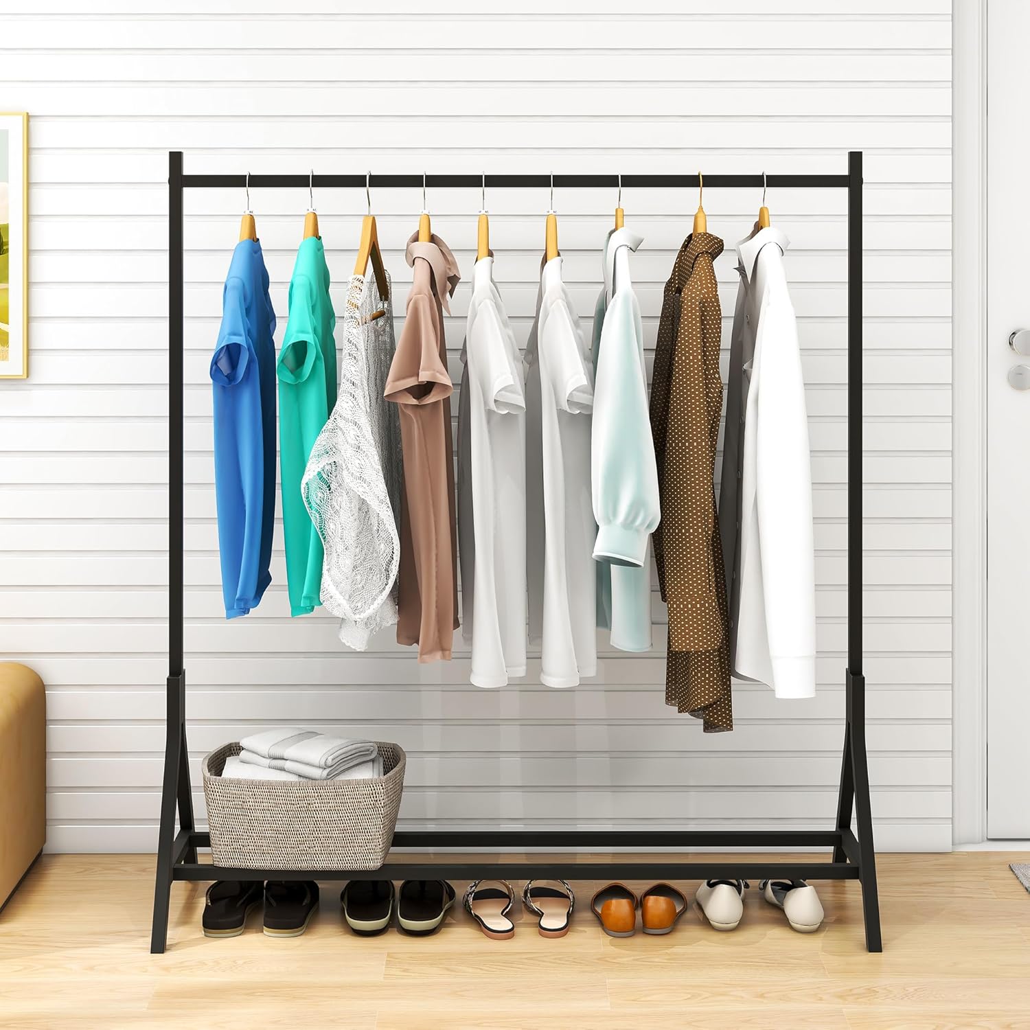 Garment Coat Hanging Stand with Bottom Shelf - Metal Furniture