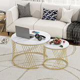 2 Pieces Round Center Table Marble Texture Top Living Room Table