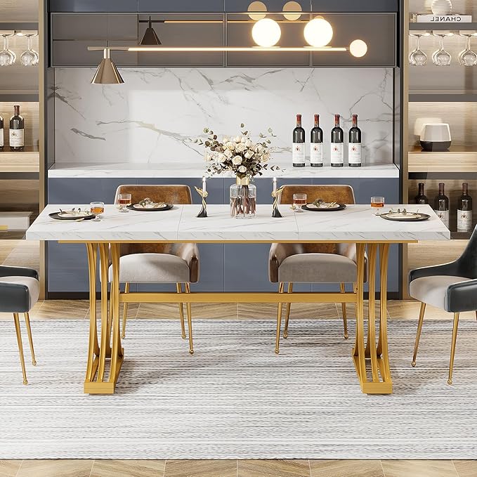 Rectangular Dining Table for 4 to 6, White Gold Kitchen Tables for Dining Room, Modern Dinner Table with Marble texture Top and Stylish Metal Legs (Only Dining Table)