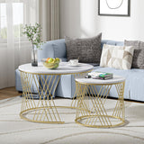 2 Pieces Round Center Table Marble Texture Top Living Room Table