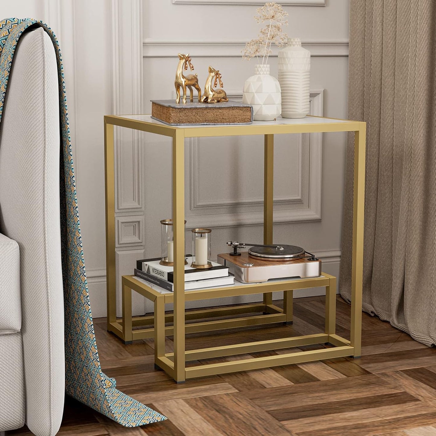 Square Top Two Tier Coffee Table Table Metal Frame End Table Elegant Look