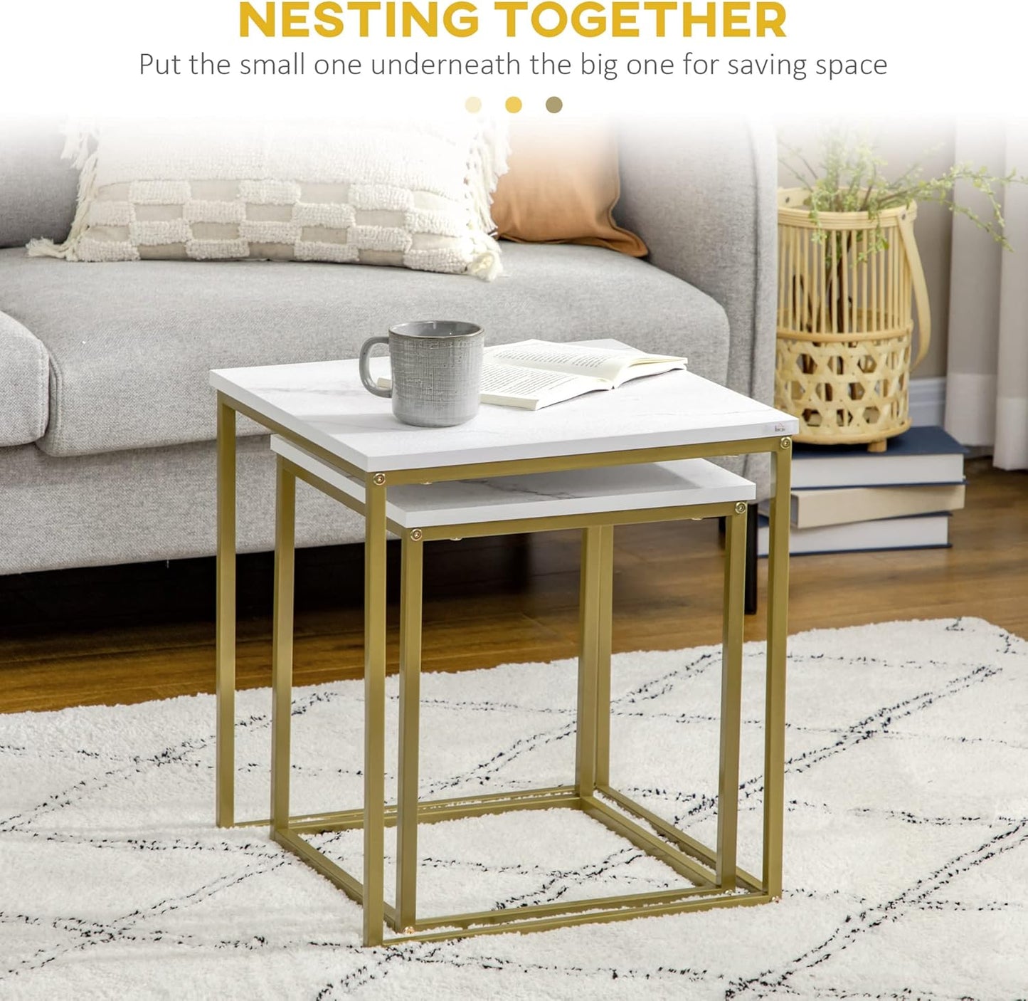 Square Nesting Tables Set of 2 Metal Frame Table for Living Room