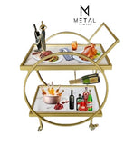 Round 2-Tier Marble Texture Tea Trolley Gold Paint Finish