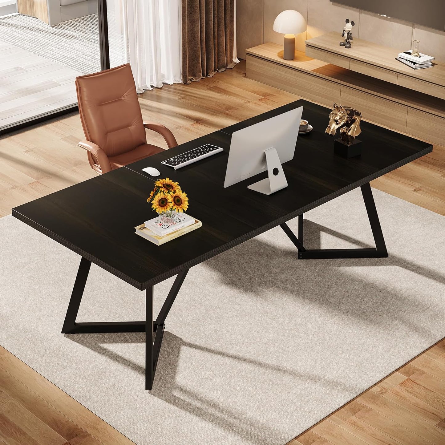 Black metal and wood marble-textured Elevate Executive Office Desk by Metal Furniture with sleek modern design.