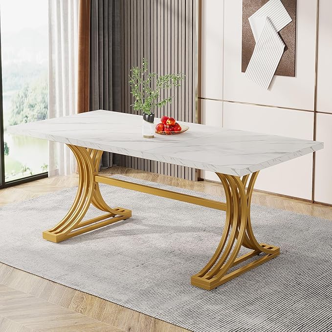 Rectangular Dining Table for 4 to 6, White Gold Kitchen Tables for Dining Room, Modern Dinner Table with Marble texture Top and Stylish Metal Legs (Only Dining Table)