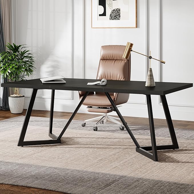Black powder-coated metal and wooden marble texture office desk by Metal Furniture with sleek modern design.