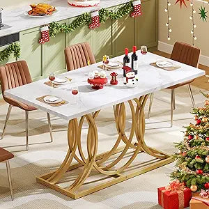 Dining Room Table for 4-6 People Modern Rectangle Kitchen Table with White Marble texture Table top and Gold Leg for Home Dining Room Kitchen Apartment