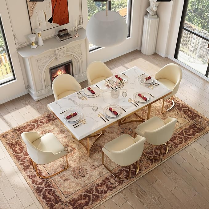 Dining Table for 6 person , for Kitchen & Dining Room, Luxury White Marble texture sheet Table Top with Gold metal frame(Dining Table Only)
