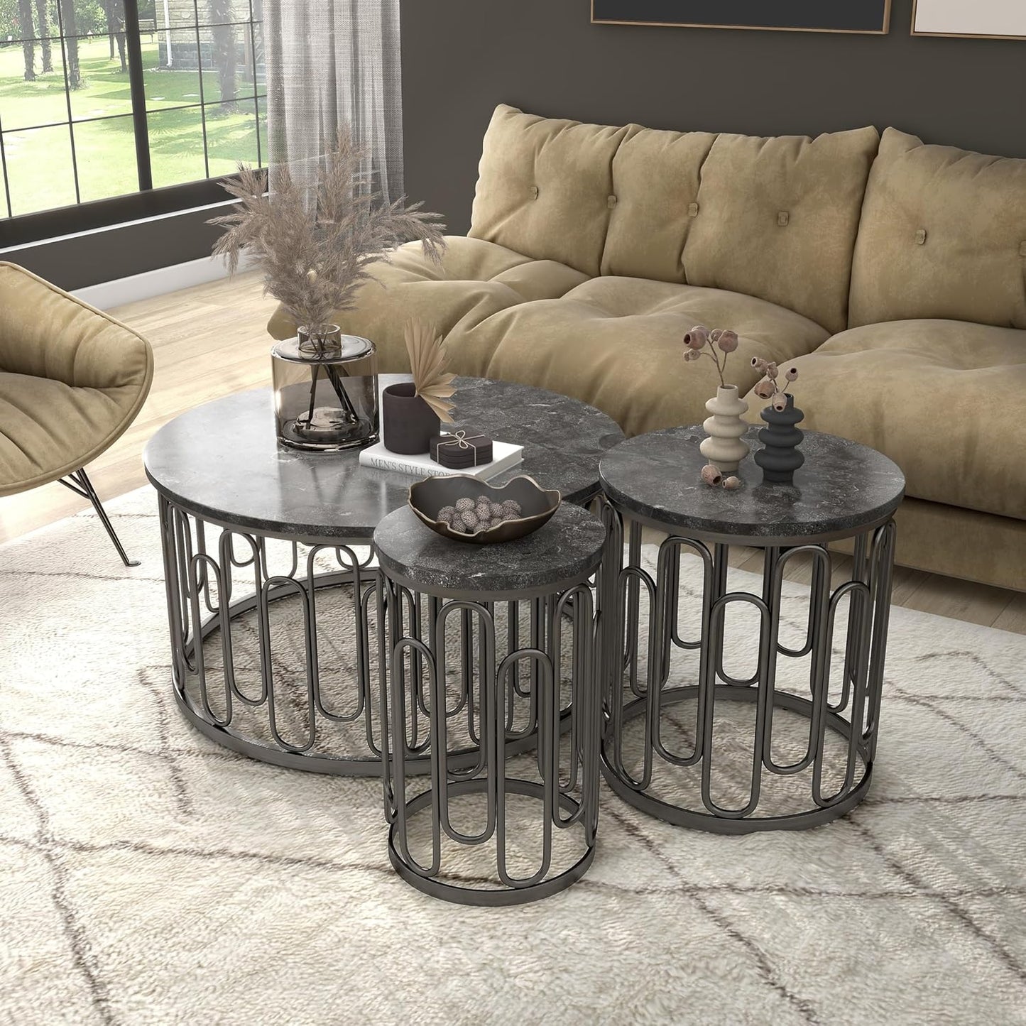 Modern Round Center Table with Coffee Tables – Wooden Marble Texture Top, Metal Legs, Living Room Decorative Metal Base Furniture (Set of 3)