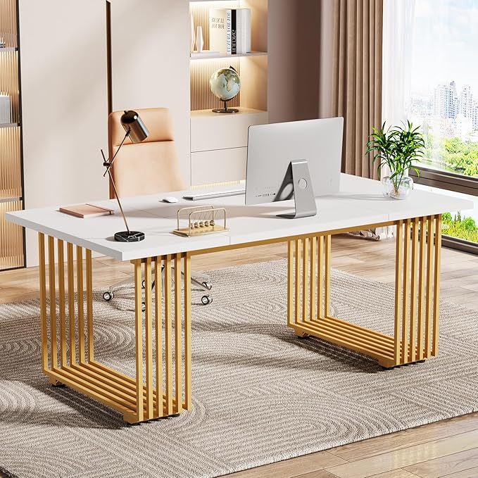 Metal Furniture LuxeLine gold frame office desk with sleek design and functional workspace, featuring a modern gold-accented tabletop.