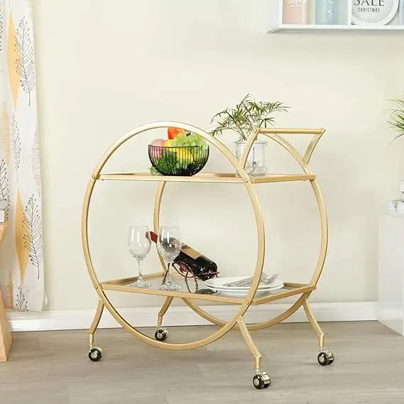 Round 2-Tier Marble Texture Tea Trolley Gold Paint Finish