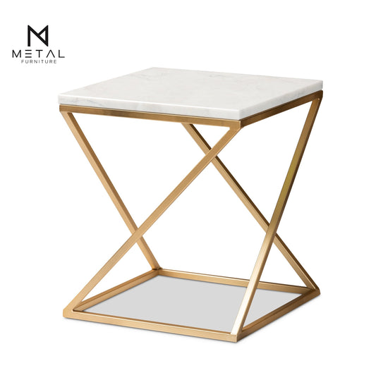 Square Top X Base Coffee Table Marble Texture Top - Metal Furniture