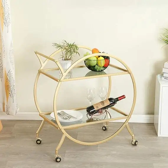 Round 2-Tier Marble Texture Tea Trolley Gold Paint Finish
