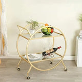 Round 2-Tier Marble Texture Tea Trolley Gold Paint Finish