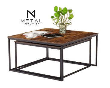 2 Pieces Square Nesting Table Set Center Table Gold paint Finish
