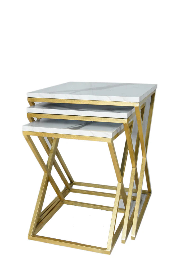3pc Nesting Tables Set Square Shape Gold Paint Finish X Model Set