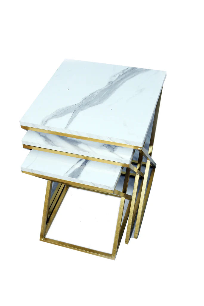 3pc Nesting Tables Set Square Shape Gold Paint Finish X Model Set
