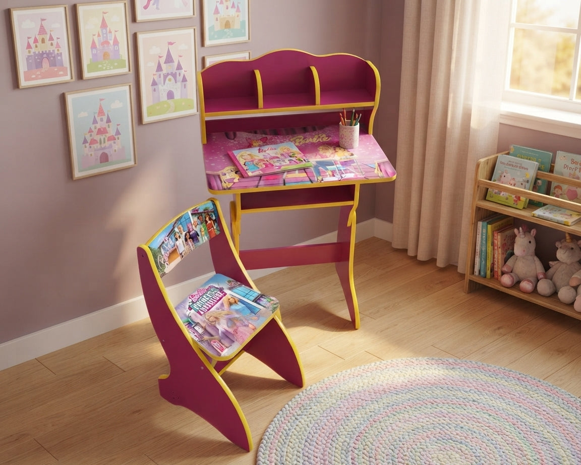 Barbie Kids Study Table & Chair Set | Cute Girls Study Desk with Spacious Writing Surface | Children’s Learning, Drawing, Reading & Activity Table for Bedroom, Playroom & Nursery