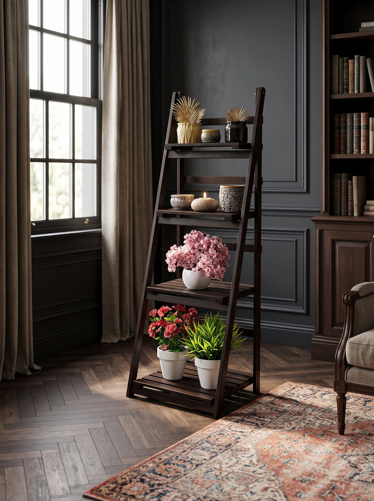 4-Tier Wooden Ladder Shelf, Folding Leaning Display Bookcase & Plant Stand Rack – Natural Light & Dark Beech Wood Finish