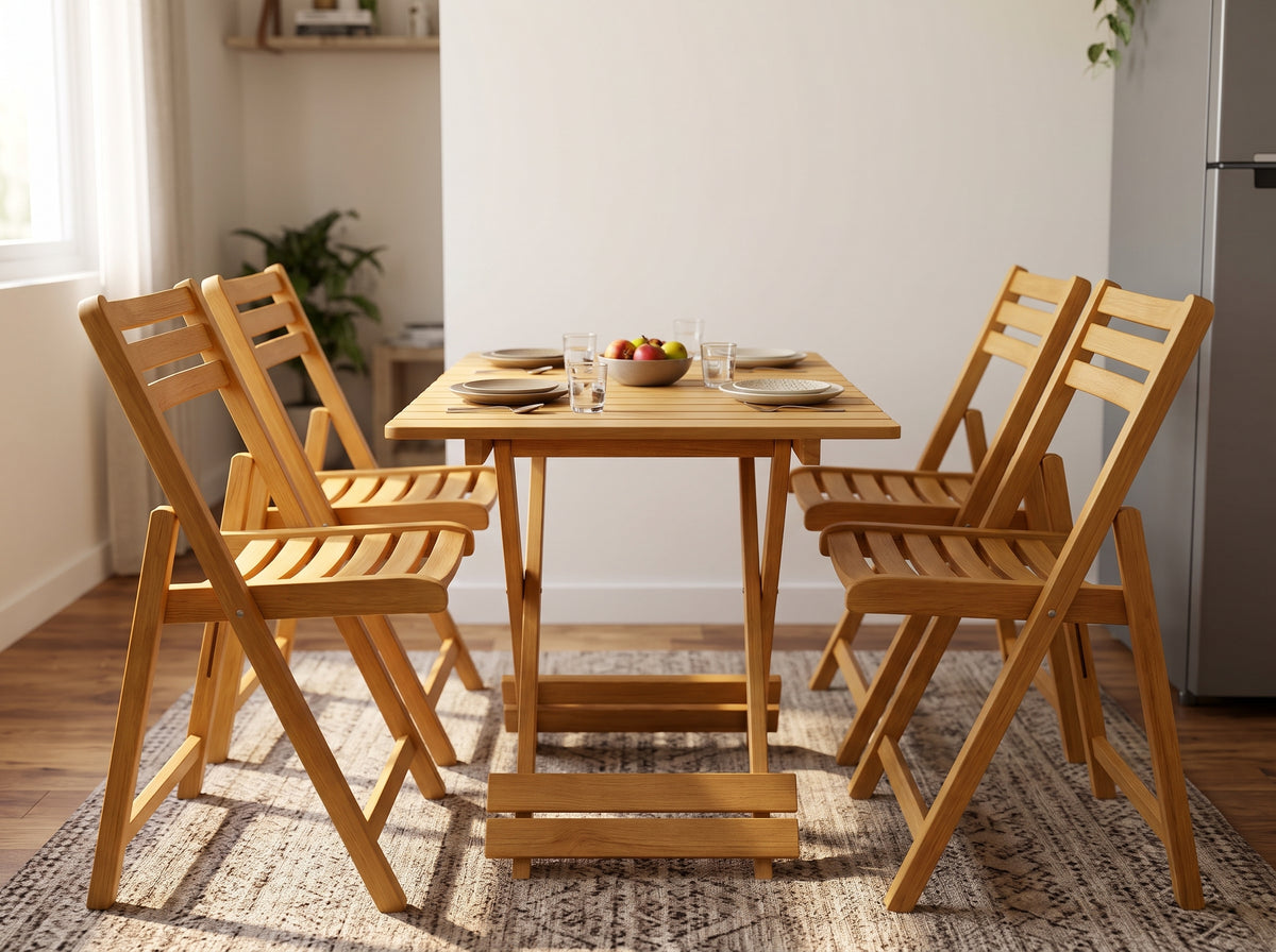 Folding Wood Dining Set – Slatted Round & Square Table with Collapsible Chairs for Kitchen & Patio