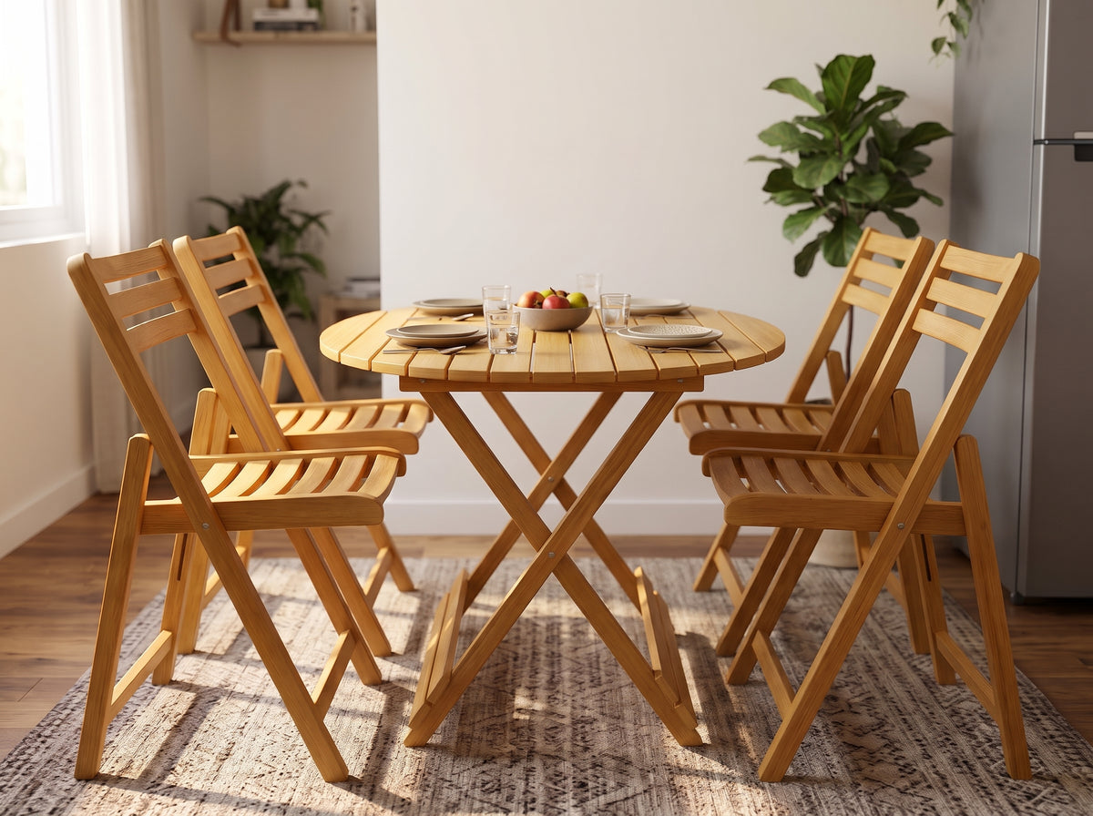 Folding Wood Dining Set – Slatted Round & Square Table with Collapsible Chairs for Kitchen & Patio