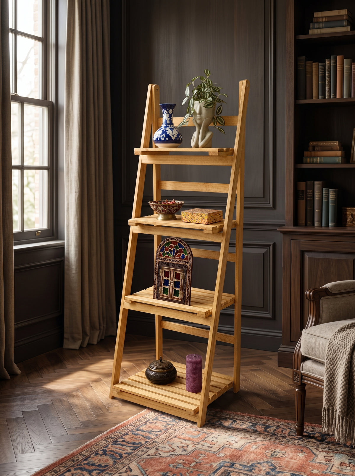 4-Tier Wooden Ladder Shelf, Folding Leaning Display Bookcase & Plant Stand Rack – Natural Light & Dark Beech Wood Finish