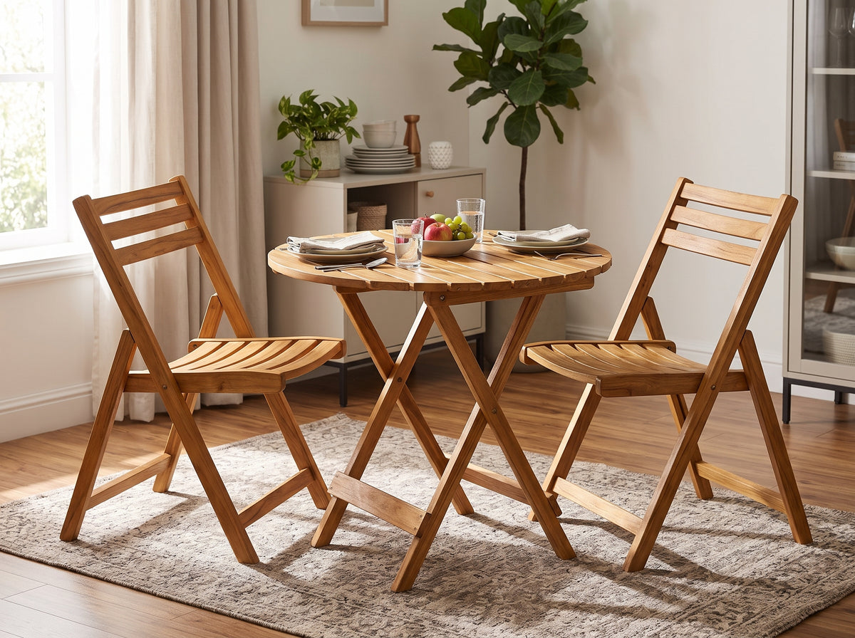 Slatted Round & Square Table with 2 Chairs for Kitchen, Balcony & Patio | Space-Saving Wooden Dining Set