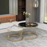 2 Pieces Round Center Table Marble Texture Top Living Room Table