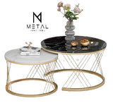 2 Pieces Round Center Table Marble Texture Top Living Room Table